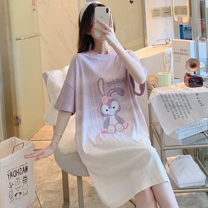 Đầm ngủ Quảng Châu- Chất cotton hình in Thỏ đáng yêu-F22108 - iBenCat